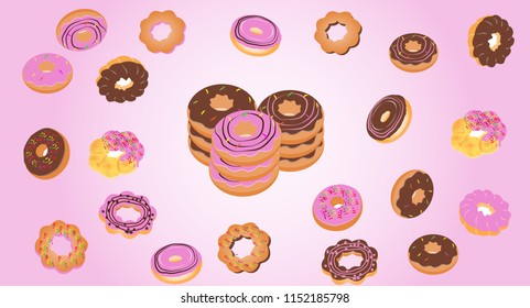 Assorted donuts seamless pattern on beautiful background. Cartoon donuts vector.