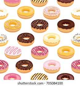 Assorted donuts seamless pattern on white background. Cartoon donuts vector.