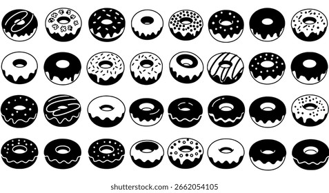 Um conjunto de silhuetas pretas sólidas, mostrando diferentes doces para os conceitos de padaria e café.