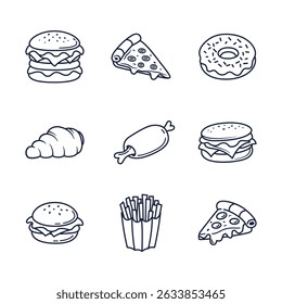 Ícones sortidos do Doodle Fast Food e Junk Food