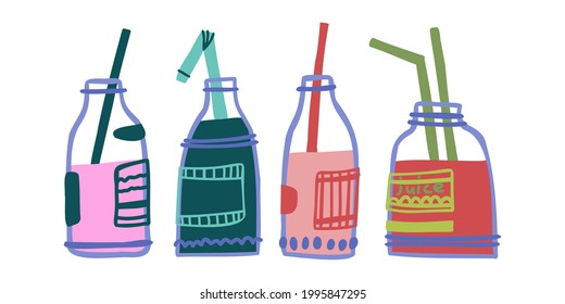 assorted drinks in glass bottles with tubes and labels. juice in a bottle. flat colorful illustration isolated on white background.