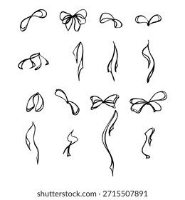 Elegantes lazos de cinta surtidos y extremos de cola, delgada línea de cuerda en estilo de boceto doodle. Conjunto de Clipart aislado de Vector dibujado a mano en tinta para empaques sofisticados, decoración de invitación y diseños de envoltura de regalo.