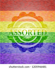 Assorted emblem on mosaic background with the colors of the LGBT flag