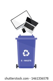 Assorted e-waste trash in special urn. Vector recycle concept. Bins for recycling with sorted garbage and batteries. 