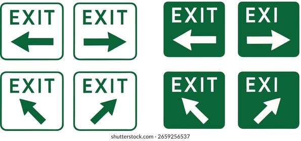 Assorted Exit Direction Signs Displaying Differing Paths in Contrasting Green and White Backgrounds Offering Guidance for Egress