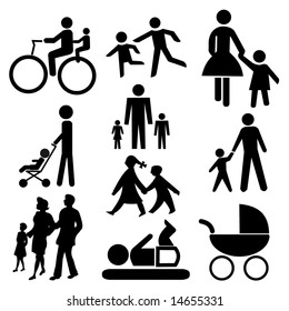 assorted family silhouettes including bicycle baby and pram