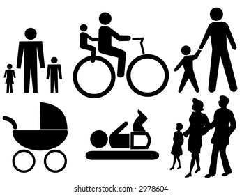 assorted family silhouettes including bicycle baby and pram