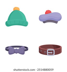 Assorted fashion accessories set with a diverse variety of trendy headwear including hat, beanie, beret, and colorful bow tie, as well as elegant belts and stylish clips