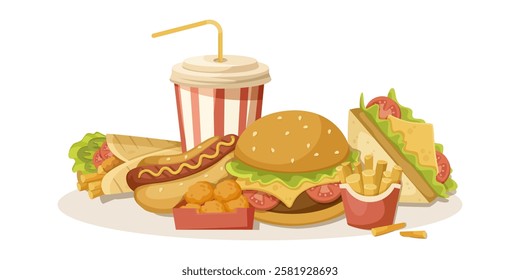 Assorted fast food items with drinks on white background. Vector illustration