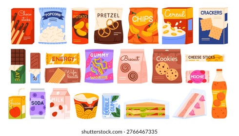 Assorted fast food snacks and drinks in colorful packaging including chips, cookies, candy, sandwiches, soda and juice, arranged as a flat design isolated on white background vector illustration