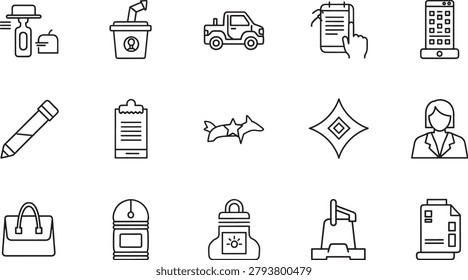 Assorted featuring daily like vehicles, bags, tools, and office supplies in a clean black and white line style for web
