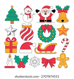 Iconos festivos de vacaciones que representan Navidades y celebraciones de la temporada invernal, incluido el árbol de muñecos de nieve de Santa Claus y decoraciones perfectas para proyectos relacionados con las vacaciones