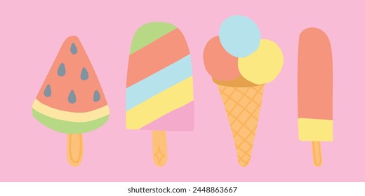 Helados y paletas de helado de diseño plano sobre fondo rosa pastel. Incluye rebanada de sandía, helado a rayas de colores y más.