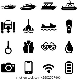 Assorted flat design icons featuring boats watercraft equipment and essential leisure accessories for photography and safety