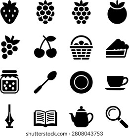 Assorted flat design icons featuring fruits desserts kitchenware and leisure items perfect for graphic projects