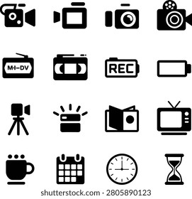 Assorted flat design icons representing photography videography and daily life activities and devices