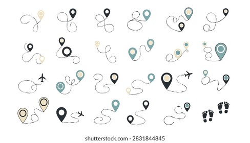 Assorted flat design location pins and travel related icons