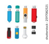 Assorted Flat Design USB Drive Icon Set in Various Colors and Styles