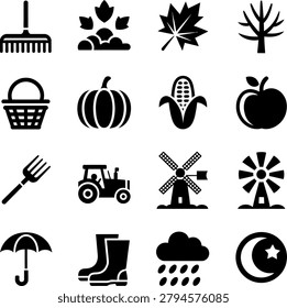 Assorted flat icons featuring farming gardening and seasonal elements perfect for agricultural and naturethemed designs