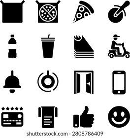 Assorted flat icons representing food delivery services and everyday lifestyle activities in minimalist design style