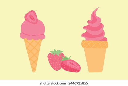 Una variedad de helados de diseño plano con un toque de fresa, tonos pastel, delicias refrescantes de verano, delicioso concepto de postre, aislado sobre un fondo claro.