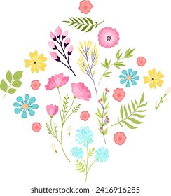 Assorted floral elements arranged in heart shape, colorful flowers and leaves design. Love, spring, and nature themes. Romantic garden composition vector illustration.