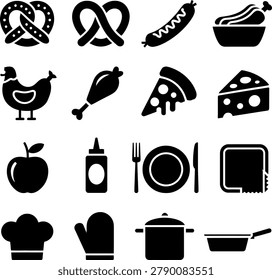 Assorted food and cooking icons featuring pretzels cheese pizza apple and kitchenware essentials in bold design
