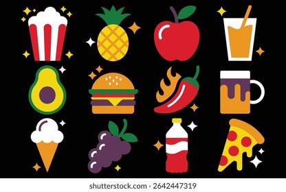 Assorted food and drink icons on a black background with star accents