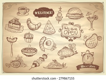 Assorted food and drinks hand drawn graphic symbols set.