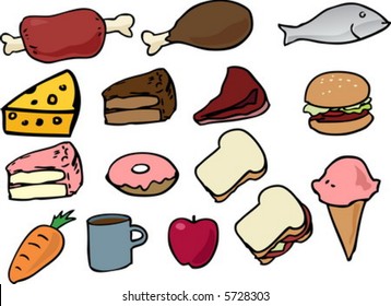 Assorted food icons lineart hand-drawn vector illustration