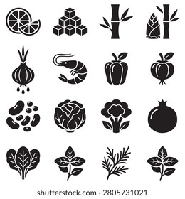 Assorted food items and fresh vegetable ingredient icons with vegetables