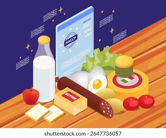 Assorted food items like milk, eggs, butter, cheese, and vegetables with HACCP document in isometric style on wooden surface, symbolizing food safety standards. Vector illustration
