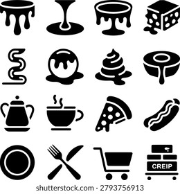 Assorted food and kitchen icons featuring desserts drinks utensils and shopping elements in bold monochrome design
