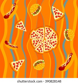 Assorted food. Vector background of fast food meals. 