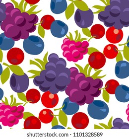 Assorted forest berries seamless pattern. Simple naive rustic style repeatable motif in red and violet colors for background, wrapping paper, fabric, surface design. 