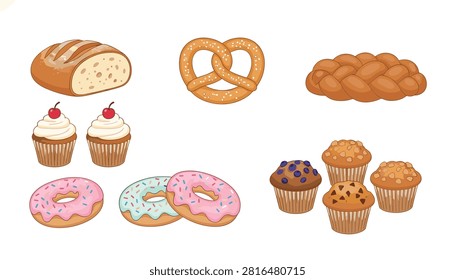 Assorted fresh bakery goods including pretzels, braided bread, cupcakes, donuts, and muffins displayed on a white background.