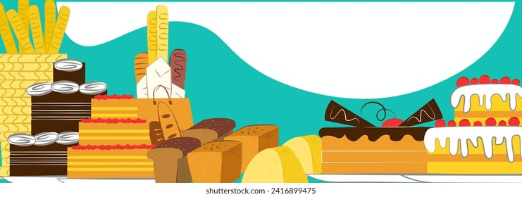 Assorted fresh bakery products, illustration of bread loaves, cakes and pastries. Baked goods for the bakery shop vector illustration.