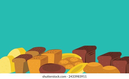 Assorted fresh bread types blue background. Bakery goods variety, bread loaves rolls. Healthy eating bakery theme vector illustration