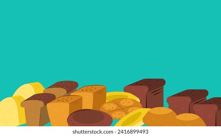 Assorted fresh bread types on blue background. Bakery goods variety, bread loaves and rolls. Healthy eating and bakery theme vector illustration.