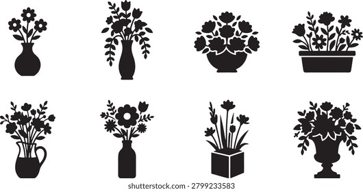 Assorted fresh cut flowers inside different vase silhouettes