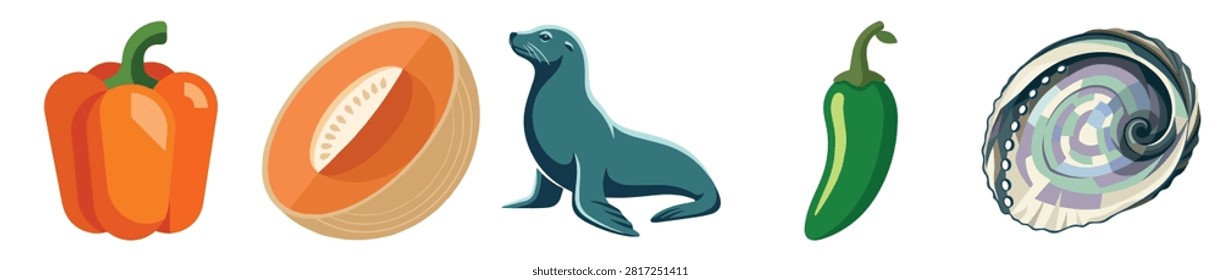 assorted fresh fruit and vegetables with bright colors and varied shapes featuring bell pepper melon dinosaur cucumber and galaxy swirl background