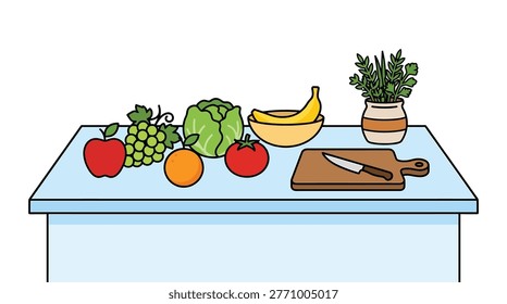 assorted fresh fruits and vegetables displayed on a kitchen counter with a cutting board and knife