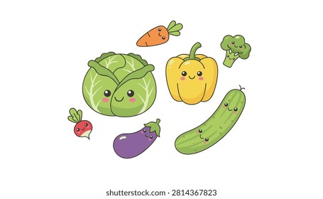 Assorted fresh vegetables with happy expressions like cabbage pepper and eggplant arranged for a friendly culinary graphic.