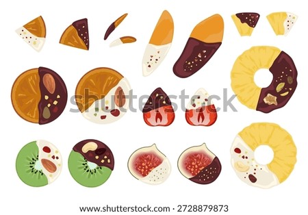 Assorted Fruit Chocolate Illustration Set, Chocolate Covered Fruits Vector Isolated