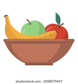 Assorted fruit in a decorative clay bowl, healthy food and diet concept, isolated