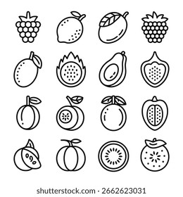 Ícones de frutas sortidas framboesa limão