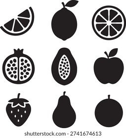 Assorted fruit icons showcasing a variety of popular fruits in a minimalist design isolated on white background, illustration