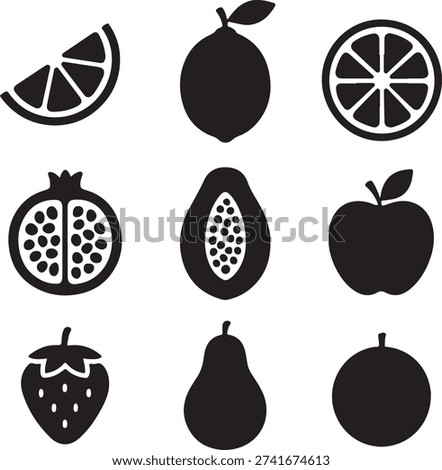 Assorted fruit icons showcasing a variety of popular fruits in a minimalist design isolated on white background, illustration