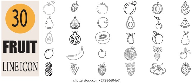 Verschiedene Fruchtlinien-Symbole mit frischen, gesunden vegetarischen Lebensmitteln