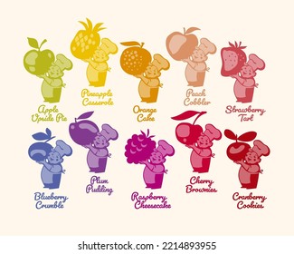 Assorted fruit pastry. Summer bakery labels. apple, orange, peach, strawberry, blueberry, plum, raspberry, cherry, cranberry, pineapple, ananas